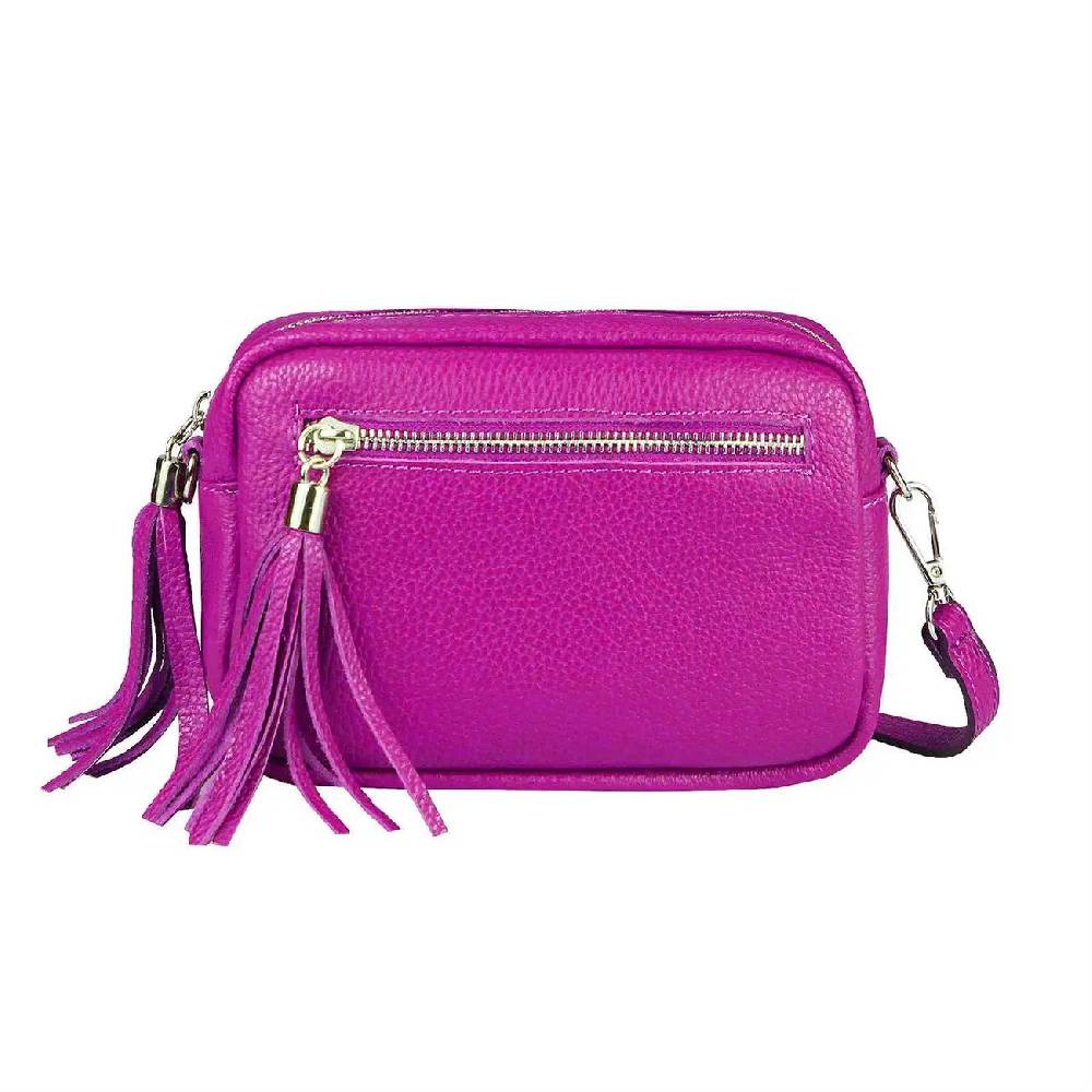 OBC Made in Italy DAMEN LEDER TASCHE Umhängetasche Schultertasche Beuteltasche Cross-Over Cross Bag Glattleder Schmucktasche Fransen Ledertasche Muttertagsangebot