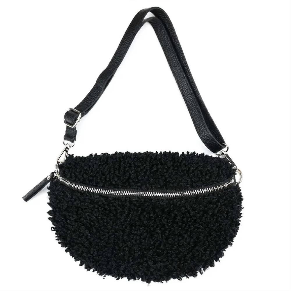 OBC Made in Italy Damen Teddyfell Tasche Leder Jeans Plüsch Bauchtasche Hüfttasche Schultertasche Bodybag Umhängetasche Crossbody Teddyplüsch Handytasche Crossbag Gürteltasche Tägliche Deals