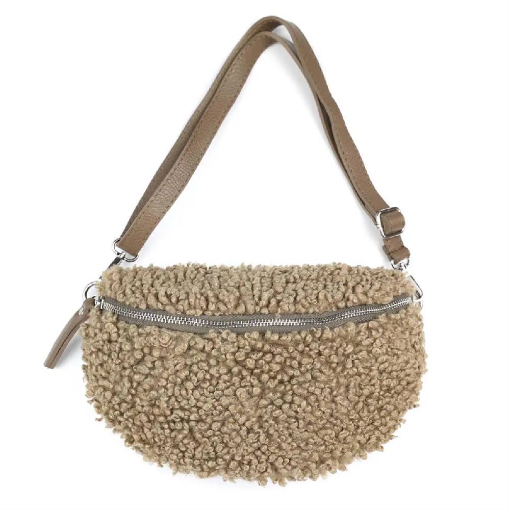OBC Made in Italy Damen Teddyfell Tasche Leder Jeans Plüsch Bauchtasche Hüfttasche Schultertasche Bodybag Umhängetasche Crossbody Teddyplüsch Handytasche Crossbag Gürteltasche Tägliche Deals