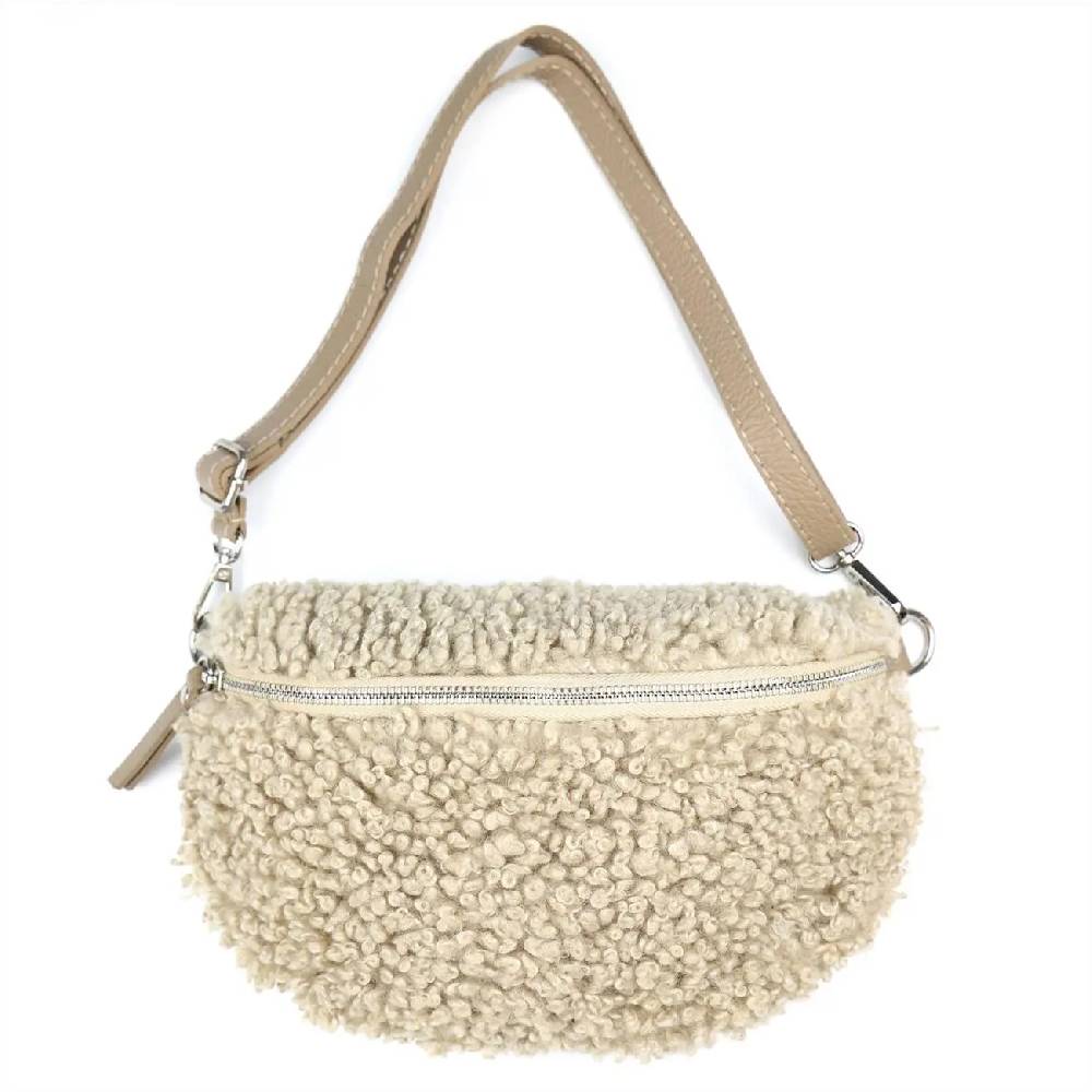 OBC Made in Italy Damen Teddyfell Tasche Leder Jeans Plüsch Bauchtasche Hüfttasche Schultertasche Bodybag Umhängetasche Crossbody Teddyplüsch Handytasche Crossbag Gürteltasche Tägliche Deals