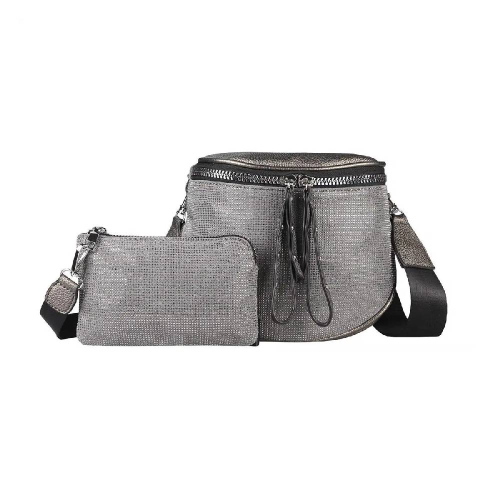 DAMEN TASCHEN SET 2in1 Schultertasche + Schmucktasche Strasssteine Umhängetasche Crossbody Crossover Leder Optik Handtasche Metallic Shopper Begrenzte Freigabe