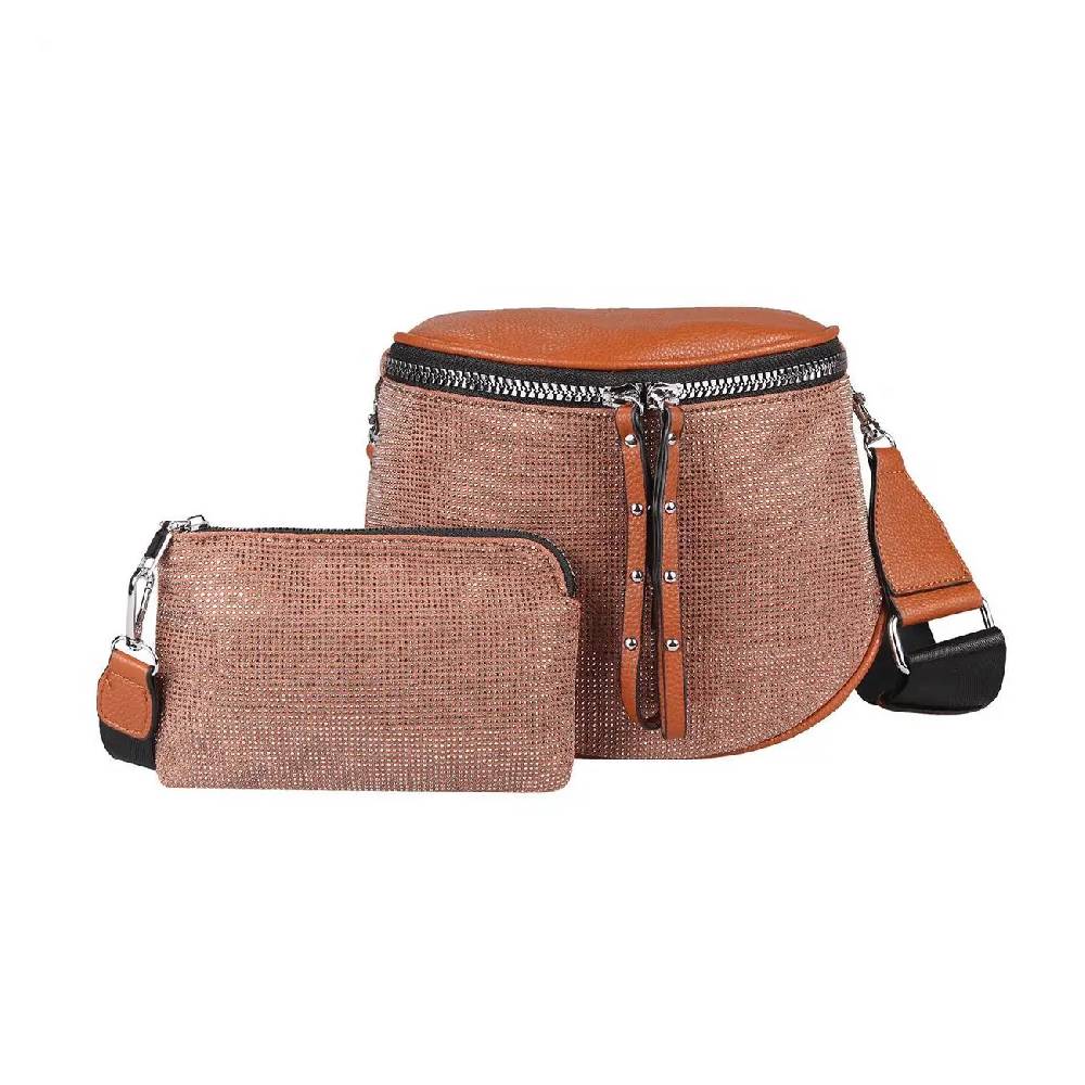 DAMEN TASCHEN SET 2in1 Schultertasche + Schmucktasche Strasssteine Umhängetasche Crossbody Crossover Leder Optik Handtasche Metallic Shopper Begrenzte Freigabe