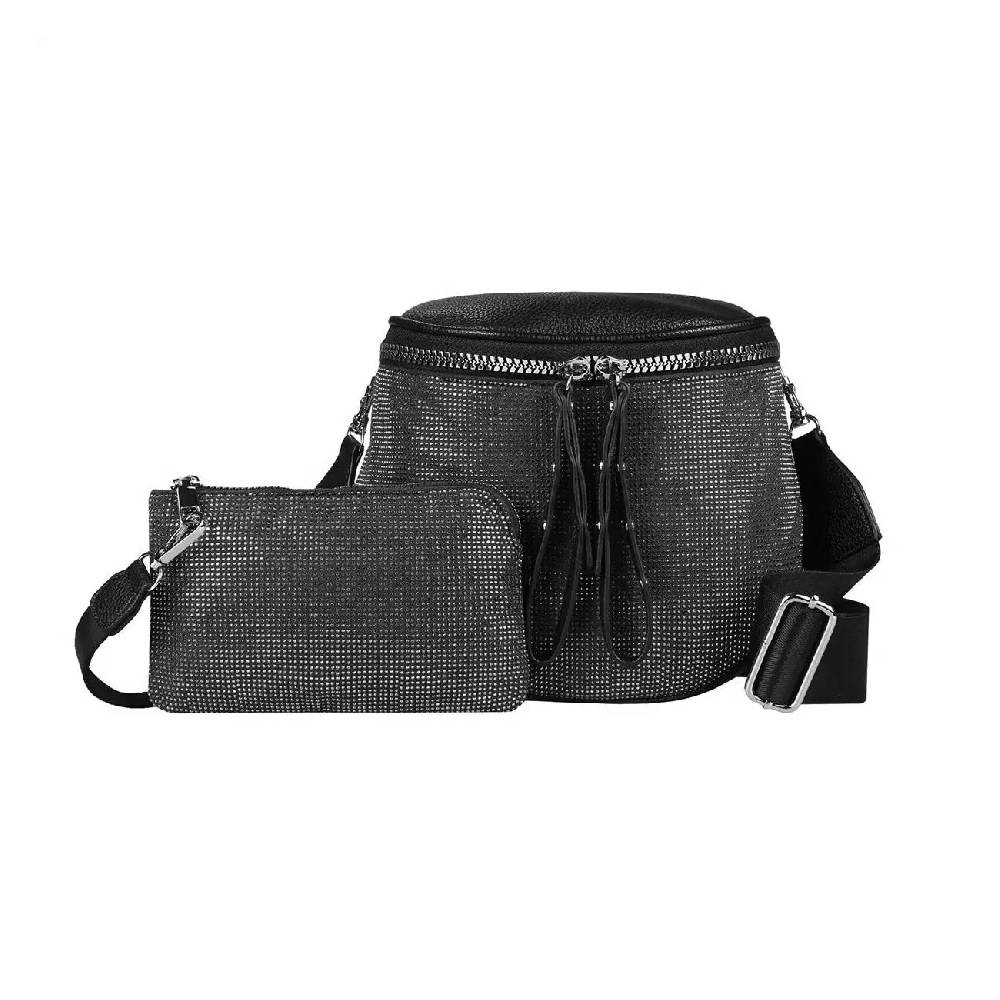 DAMEN TASCHEN SET 2in1 Schultertasche + Schmucktasche Strasssteine Umhängetasche Crossbody Crossover Leder Optik Handtasche Metallic Shopper Begrenzte Freigabe