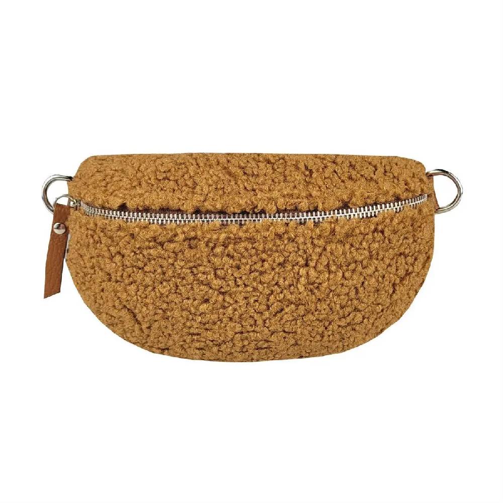 Made in Italy DAMEN LEDER Gürteltasche Crossbody Teddyfell Bauchtasche Hüfttasche Kunstfell Umhängetasche Brusttasche CrossOver Bodybag Schultertasche Teddy Pelz Fell Plüsch Letzte 2 Tage