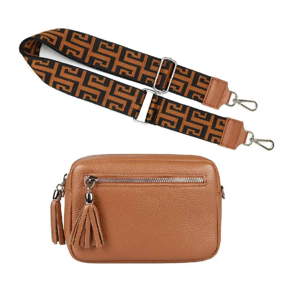OBC Made in Italy DAMEN LEDER TASCHE mit extra breitem Zusatz Tragegurt Umhängetasche Schultertasche Beuteltasche Cross-Over Cross Bag Glattleder Schmucktasche Fransen Ledertasche Kostenlose Rückgabe