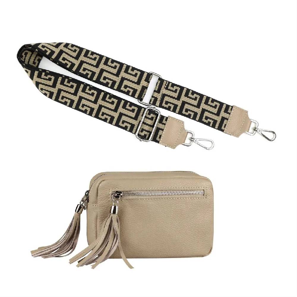 OBC Made in Italy DAMEN LEDER TASCHE mit extra breitem Zusatz Tragegurt Umhängetasche Schultertasche Beuteltasche Cross-Over Cross Bag Glattleder Schmucktasche Fransen Ledertasche Kostenlose Rückgabe
