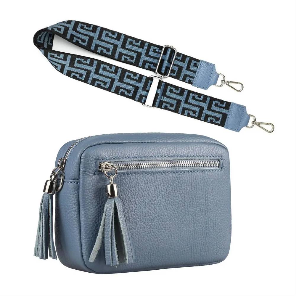 OBC Made in Italy DAMEN LEDER TASCHE mit extra breitem Zusatz Tragegurt Umhängetasche Schultertasche Beuteltasche Cross-Over Cross Bag Glattleder Schmucktasche Fransen Ledertasche Kostenlose Rückgabe