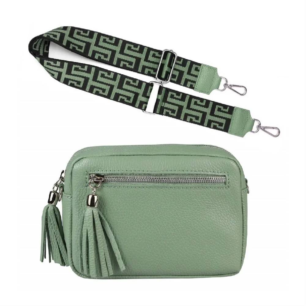 OBC Made in Italy DAMEN LEDER TASCHE mit extra breitem Zusatz Tragegurt Umhängetasche Schultertasche Beuteltasche Cross-Over Cross Bag Glattleder Schmucktasche Fransen Ledertasche Kostenlose Rückgabe