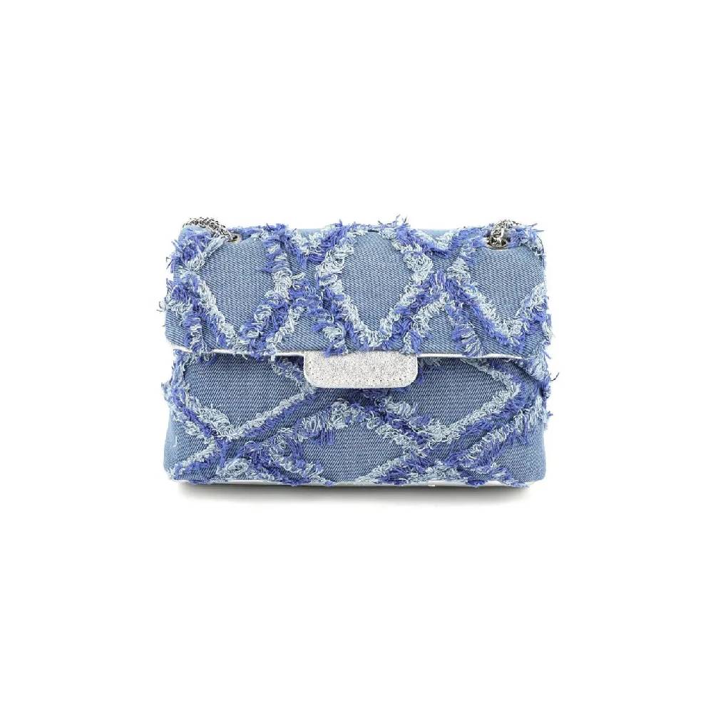 OBC MADE IN ITALY Damen Vintage Jeans Denim Leder Tasche Kettengriff Umhängetasche Clutch Jeanstasche Schultertasche Umhängetasche gesteppte Used Look Cross Over Body Bag Tiefpreis