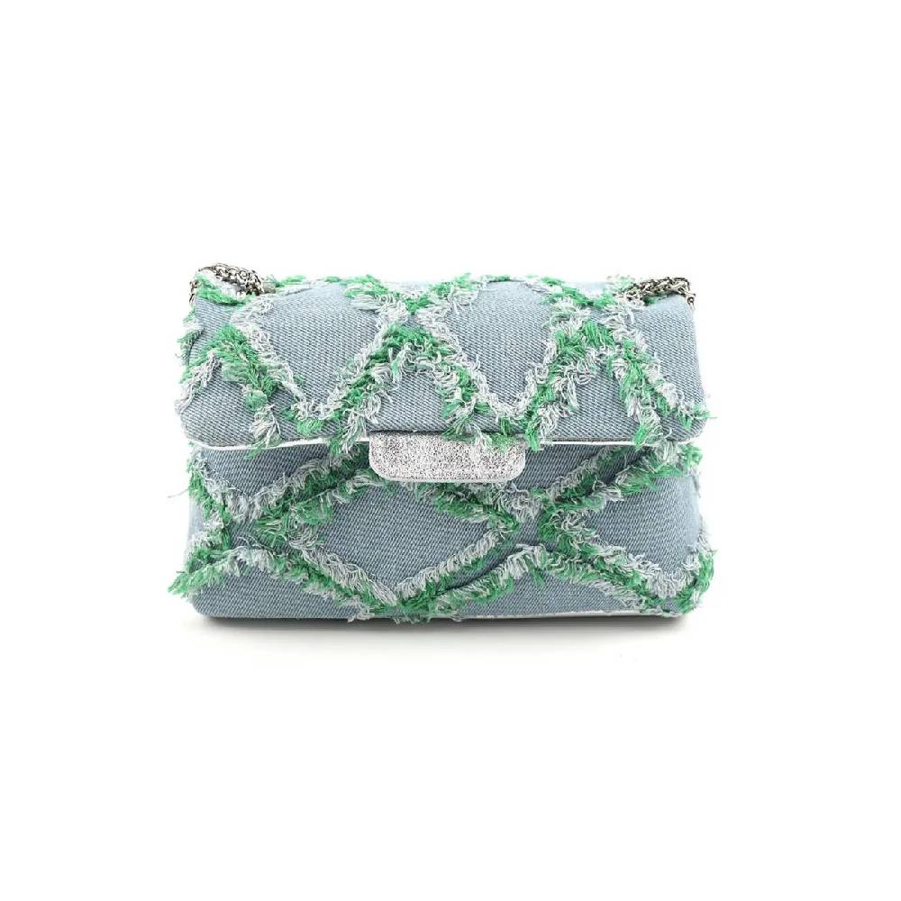OBC MADE IN ITALY Damen Vintage Jeans Denim Leder Tasche Kettengriff Umhängetasche Clutch Jeanstasche Schultertasche Umhängetasche gesteppte Used Look Cross Over Body Bag Tiefpreis