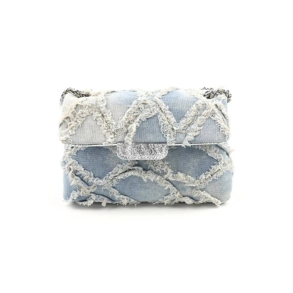 OBC MADE IN ITALY Damen Vintage Jeans Denim Leder Tasche Kettengriff Umhängetasche Clutch Jeanstasche Schultertasche Umhängetasche gesteppte Used Look Cross Over Body Bag Tiefpreis