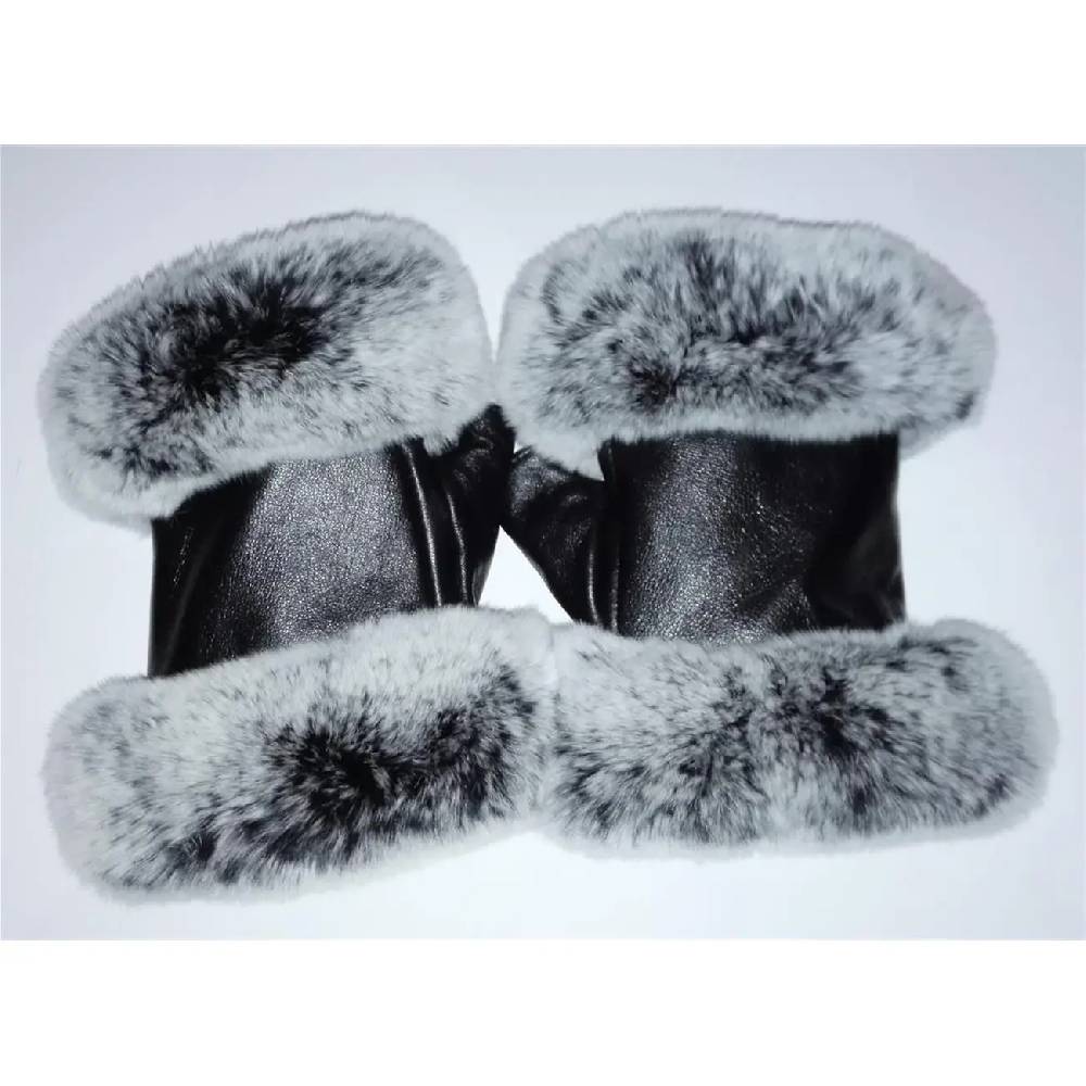 OBC DAMEN warme Handschuhe echt LEDER echt FELL Kaninfell Kaninchen Winter & Herbst Winterhandschuhe flauschig schwarz weiß grau XL Letzter Tag