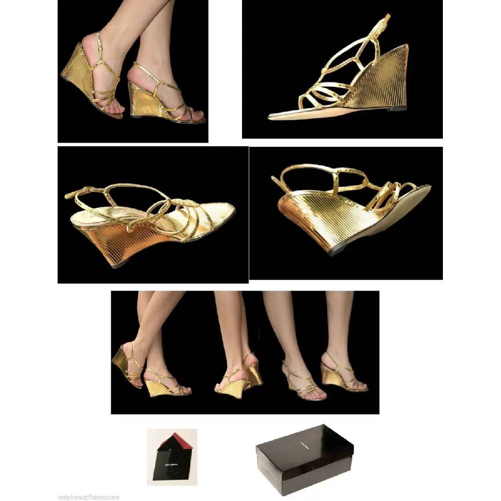 Dolce & Gabbana D&G HIGH HEELS Keil Sandalette Wedges Lederschuhe Schuhe Gold Bis zu 50% Rabatt