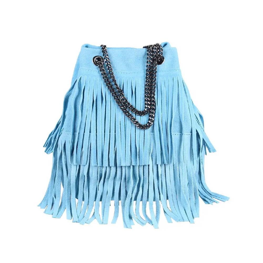 Made in Italy Damen Leder Tasche Fransen Shopper Kettentasche Beutel Wildleder Handtasche Umhängetasche Bucket Bag Schultertasche Ledertasche TR977 Online