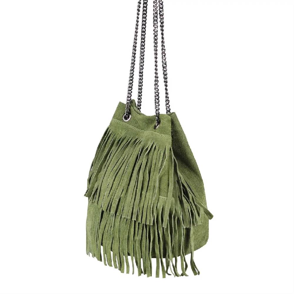 Made in Italy Damen Leder Tasche Fransen Shopper Kettentasche Beutel Wildleder Handtasche Umhängetasche Bucket Bag Schultertasche Ledertasche TR977 Online