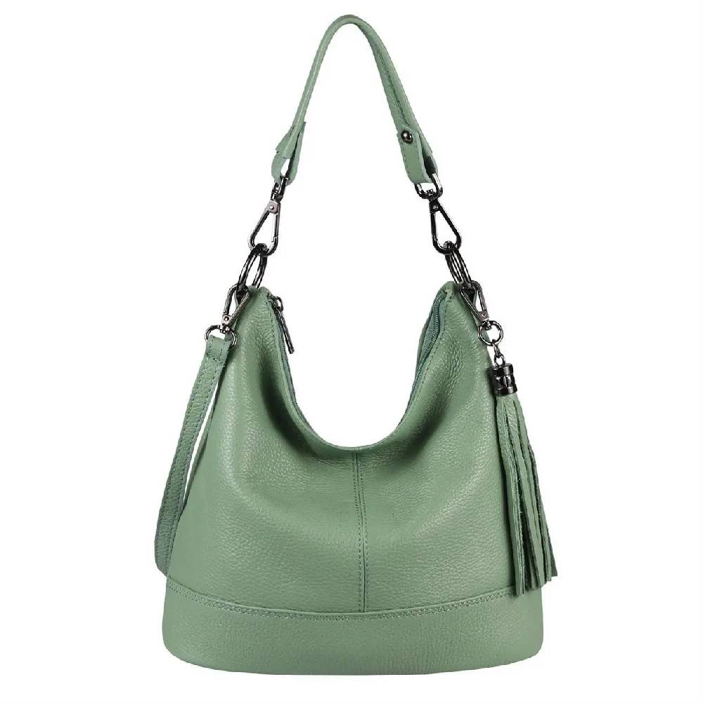 OBC Made in Italy Damen Leder Tasche Umhängetasche Shopper Schultertasche Handtasche Crossbody Hobo Bag Crossover Ledertasche Damentasche Fransen Verkauf