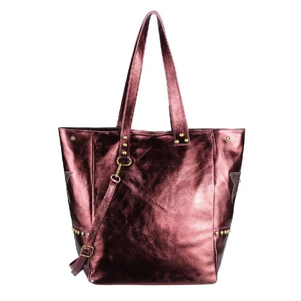 ITAL DAMEN Echt LEDER TASCHE Tote Bag Metallic Schultertasche DIN-A4 Shopper Handtasche Umhängetasche Crossbody Henkeltasche Beuteltasche Stern Nieten Flash Sale