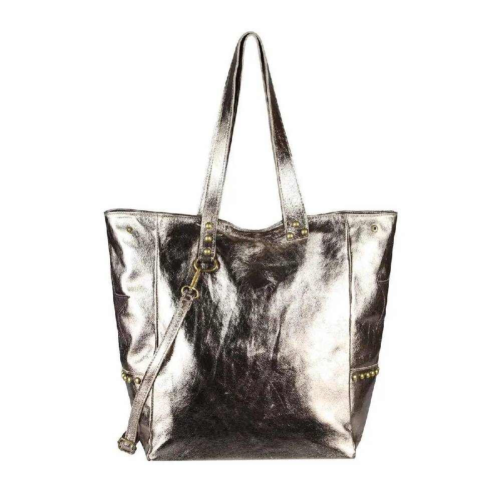 ITAL DAMEN Echt LEDER TASCHE Tote Bag Metallic Schultertasche DIN-A4 Shopper Handtasche Umhängetasche Crossbody Henkeltasche Beuteltasche Stern Nieten Flash Sale