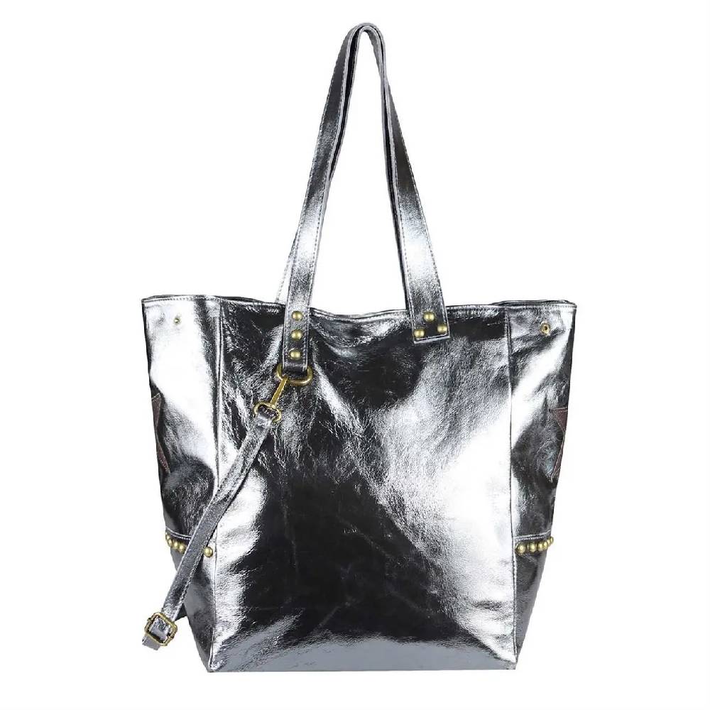 ITAL DAMEN Echt LEDER TASCHE Tote Bag Metallic Schultertasche DIN-A4 Shopper Handtasche Umhängetasche Crossbody Henkeltasche Beuteltasche Stern Nieten Flash Sale