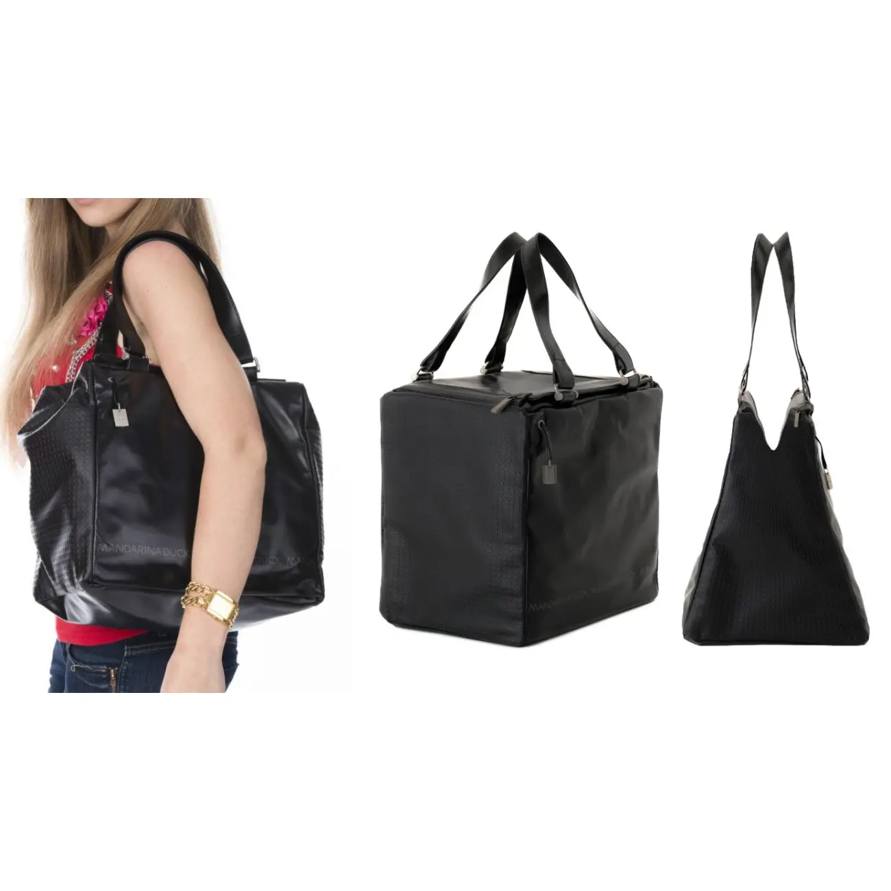 Mandarina Duck Desire Pelle Pferdeleder Koffer Handtasche Sporttasche Henkeltasche Reisetasche Tasche Bag Schwarz 30x29x22 cm (BxHxT) Exklusivangebot