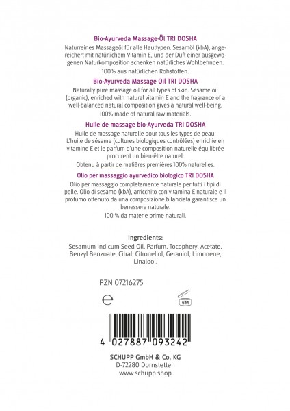Schupp Bio-Ayurveda-Massage-Öl Tri Dosha Kostenlose Rückgabe
