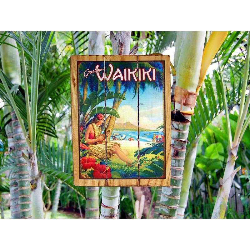 Seestern Sportswear Seestern Deko Holz Wandbild im Vintage Sixties Surf Look 50 x 80 cm Waikiki Motiv /1836 Neuheiten